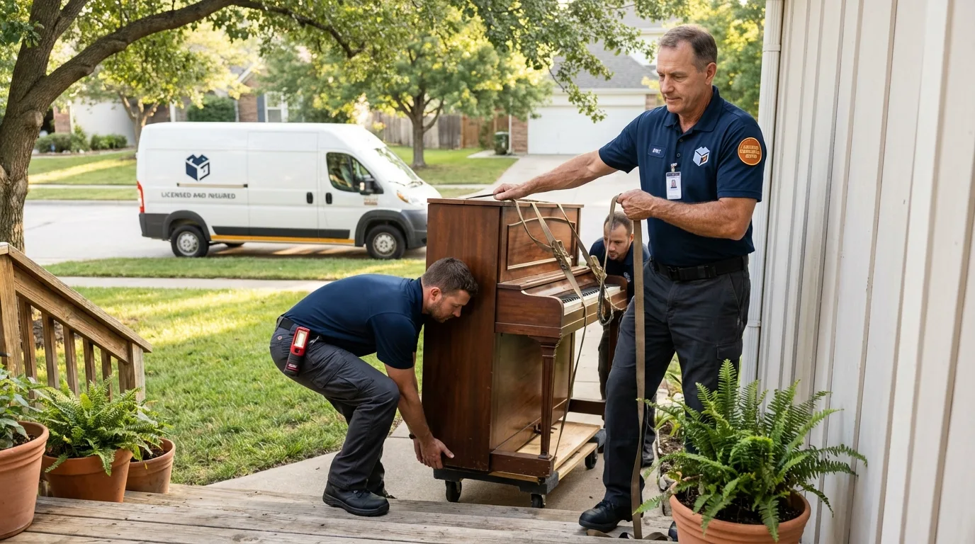 Licensed piano movers securing grand piano in Buena Park, CA