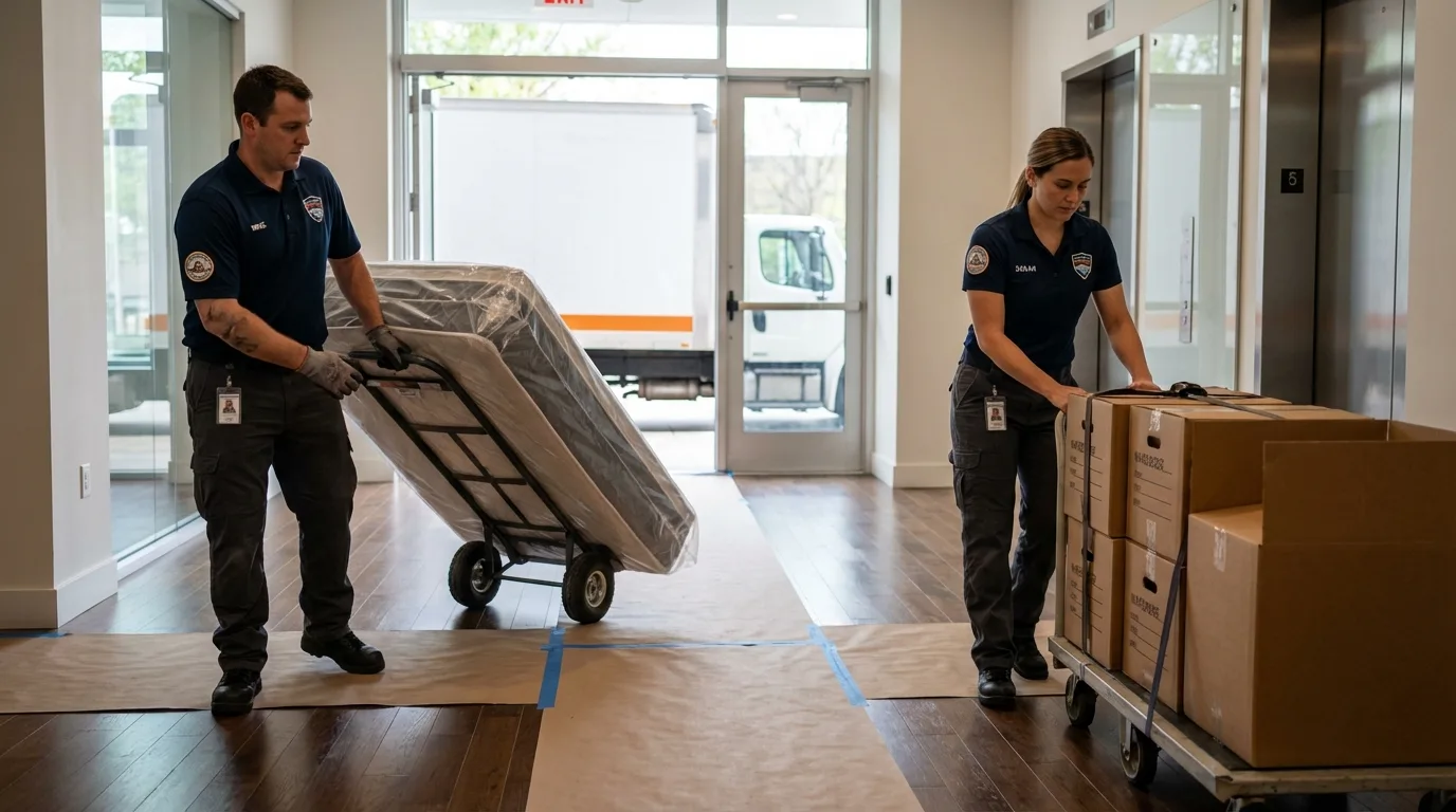 Professional apartment movers loading elevator in Buena Park, CA