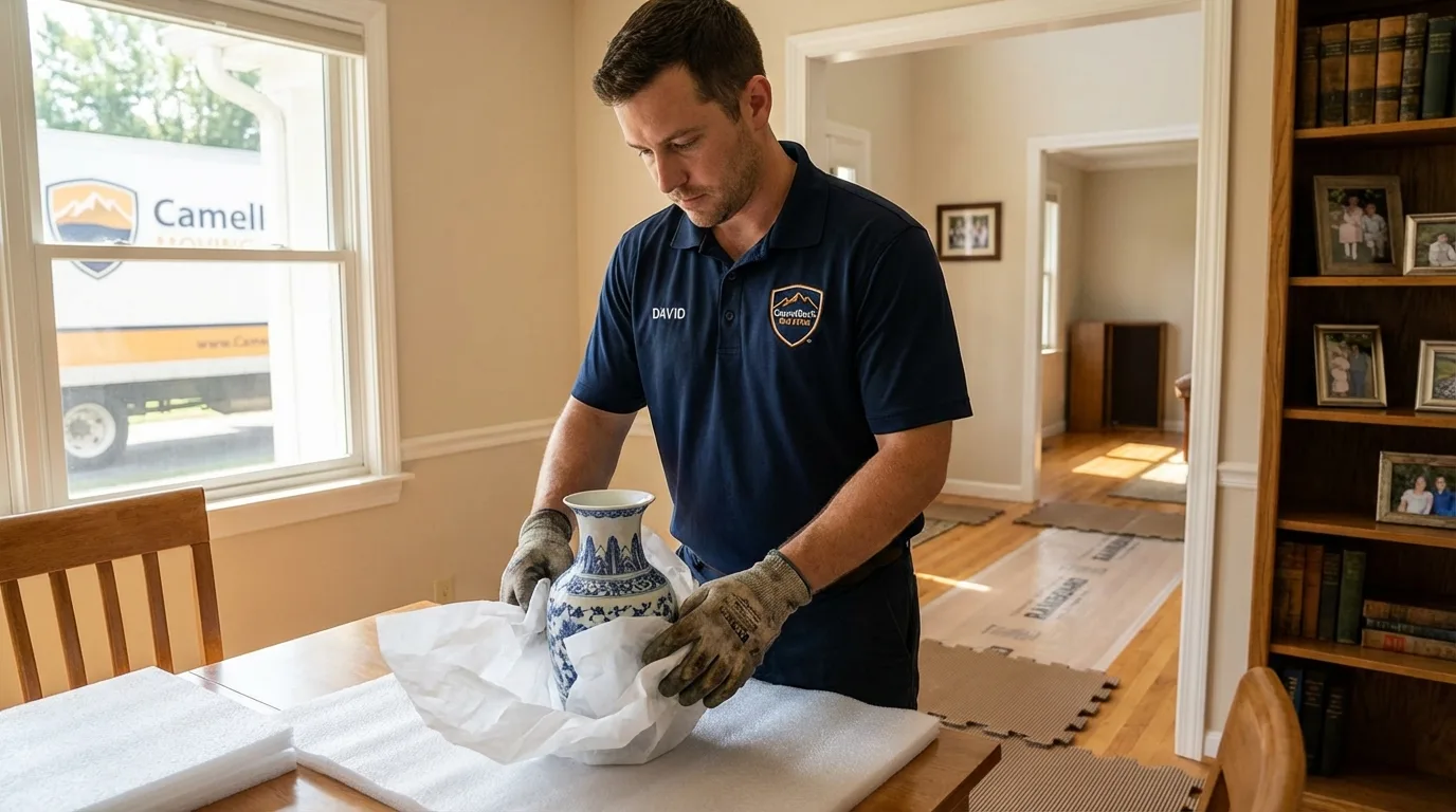 Professional crew carefully wrapping antique vase for senior downsizing move in Buena Park, CA